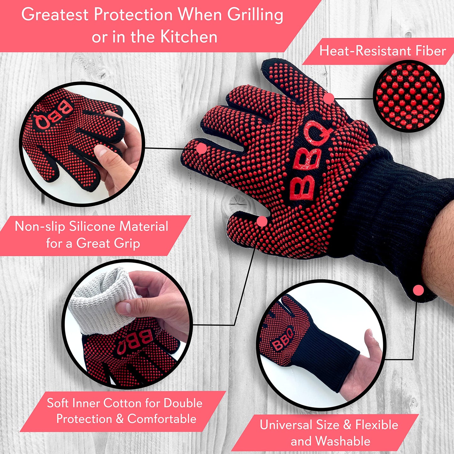 NutriChef BBQ Gloves - 1472°F Heat Resistant, Fireproof Mitts with Non-Slip Silicone Grip, Perfect for Barbecue, Grilling, Cooking, Baking & Camping, 14-inch, Food Grade, Washable Kitchen Oven Mitts - CookCave