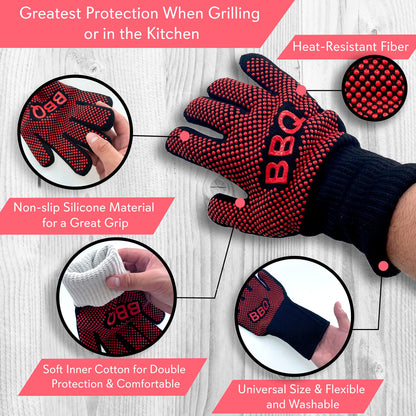 NutriChef BBQ Gloves - 1472°F Heat Resistant, Fireproof Mitts with Non-Slip Silicone Grip, Perfect for Barbecue, Grilling, Cooking, Baking & Camping, 14-inch, Food Grade, Washable Kitchen Oven Mitts - CookCave
