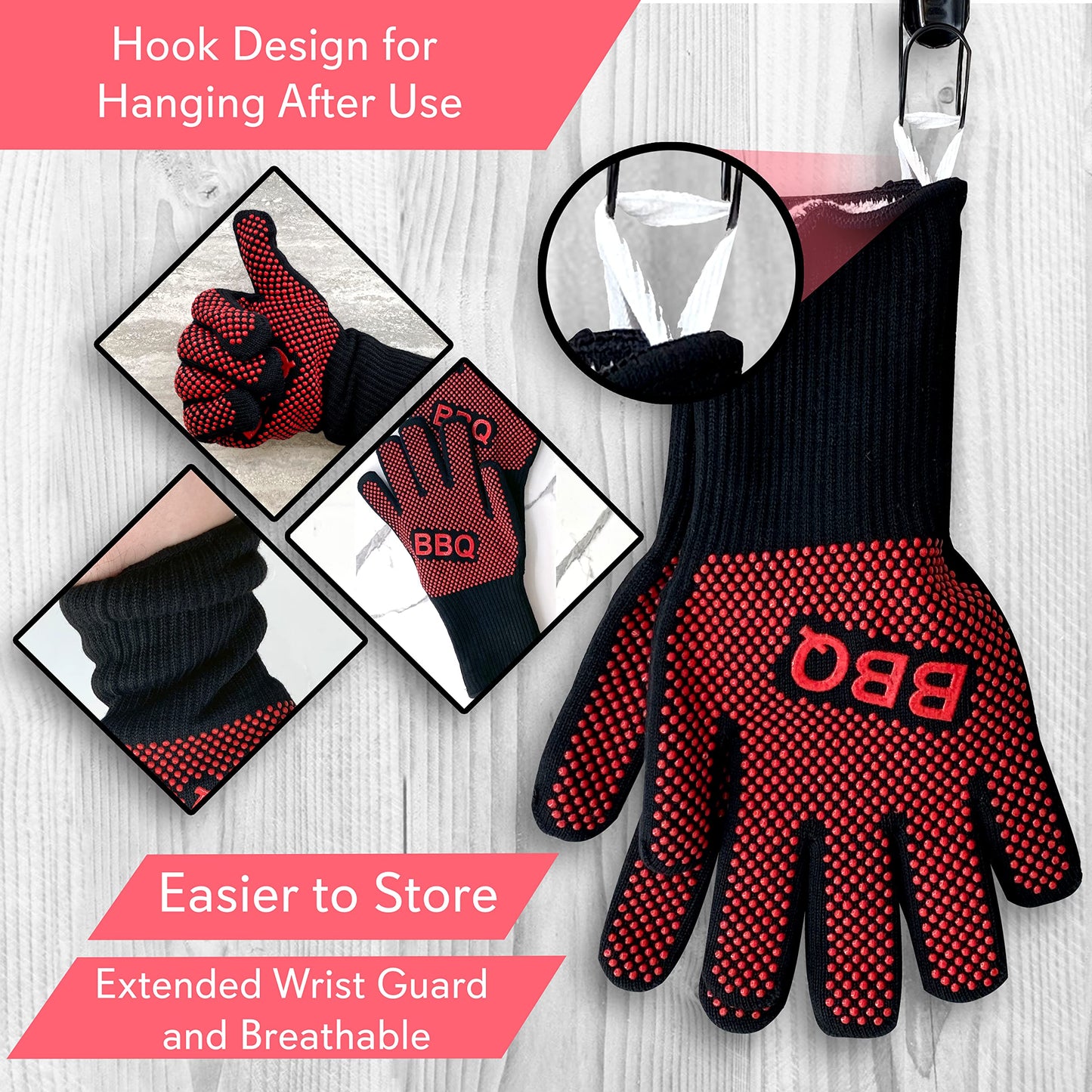 NutriChef BBQ Gloves - 1472°F Heat Resistant, Fireproof Mitts with Non-Slip Silicone Grip, Perfect for Barbecue, Grilling, Cooking, Baking & Camping, 14-inch, Food Grade, Washable Kitchen Oven Mitts - CookCave