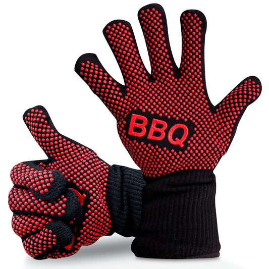 NutriChef BBQ Gloves - 1472°F Heat Resistant, Fireproof Mitts with Non-Slip Silicone Grip, Perfect for Barbecue, Grilling, Cooking, Baking & Camping, 14-inch, Food Grade, Washable Kitchen Oven Mitts - CookCave