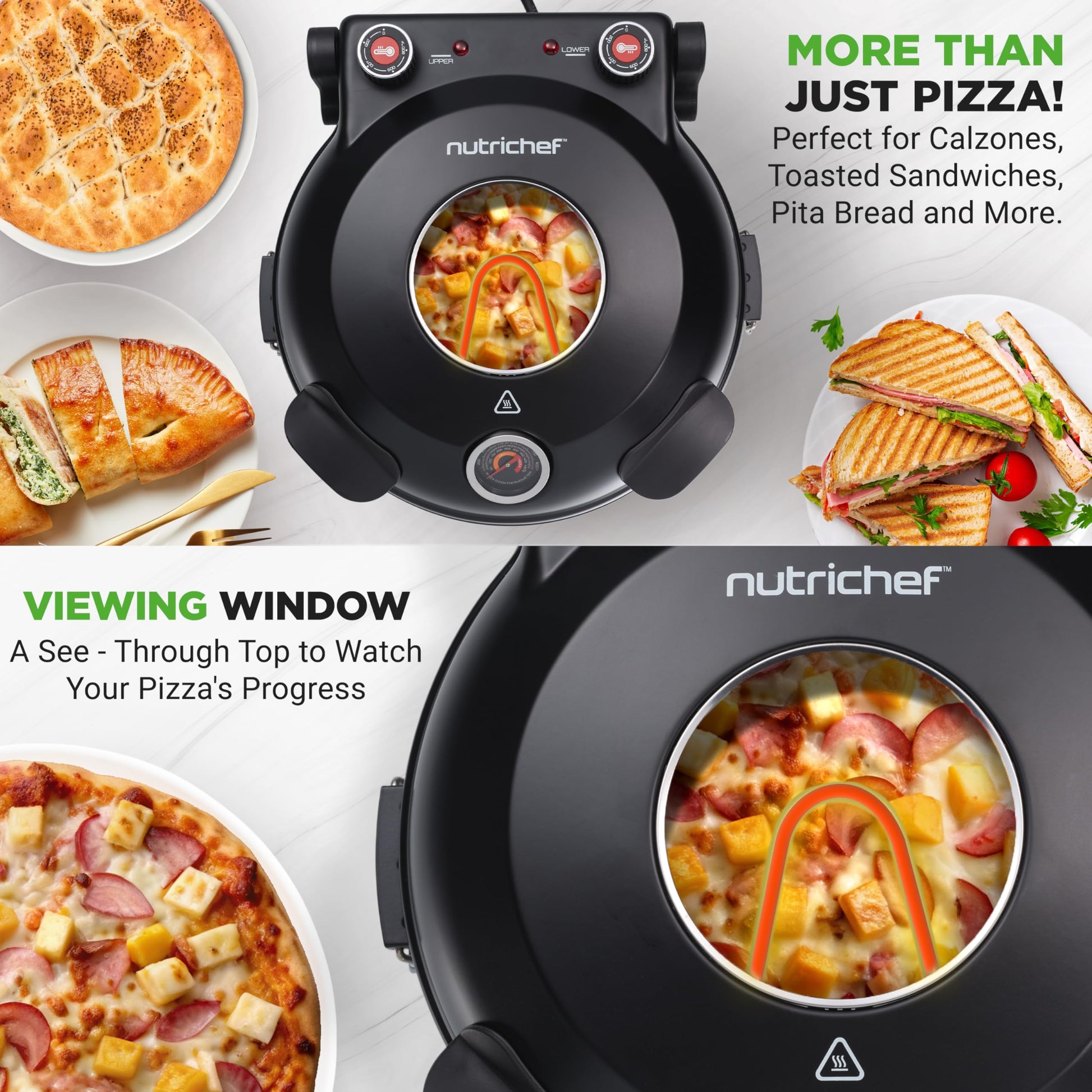 NutriChef Electric Pizza Oven | 12 Inch Countertop Pizza Maker with Temperature Control & Thermometer | Viewing Window for Precise Cooking | Heats up to 800F | Easy to Clean Non-Stick Stone | Black - CookCave