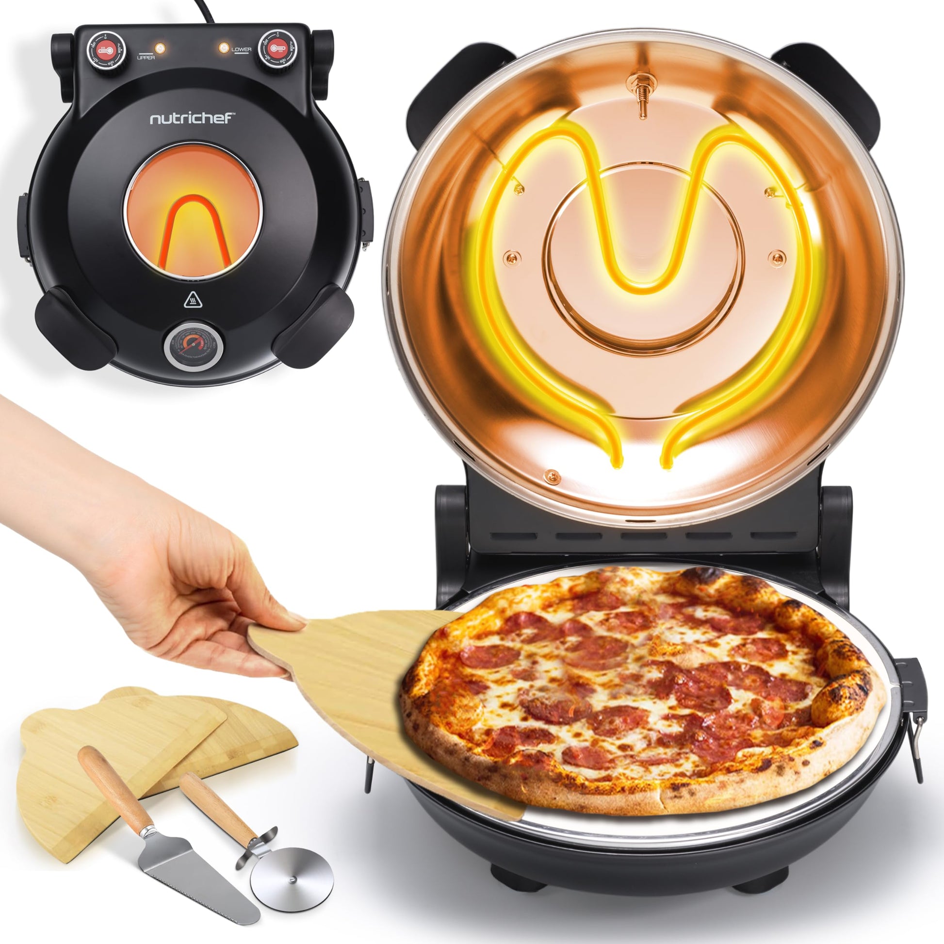 NutriChef Electric Pizza Oven | 12 Inch Countertop Pizza Maker with Temperature Control & Thermometer | Viewing Window for Precise Cooking | Heats up to 800F | Easy to Clean Non-Stick Stone | Black - CookCave