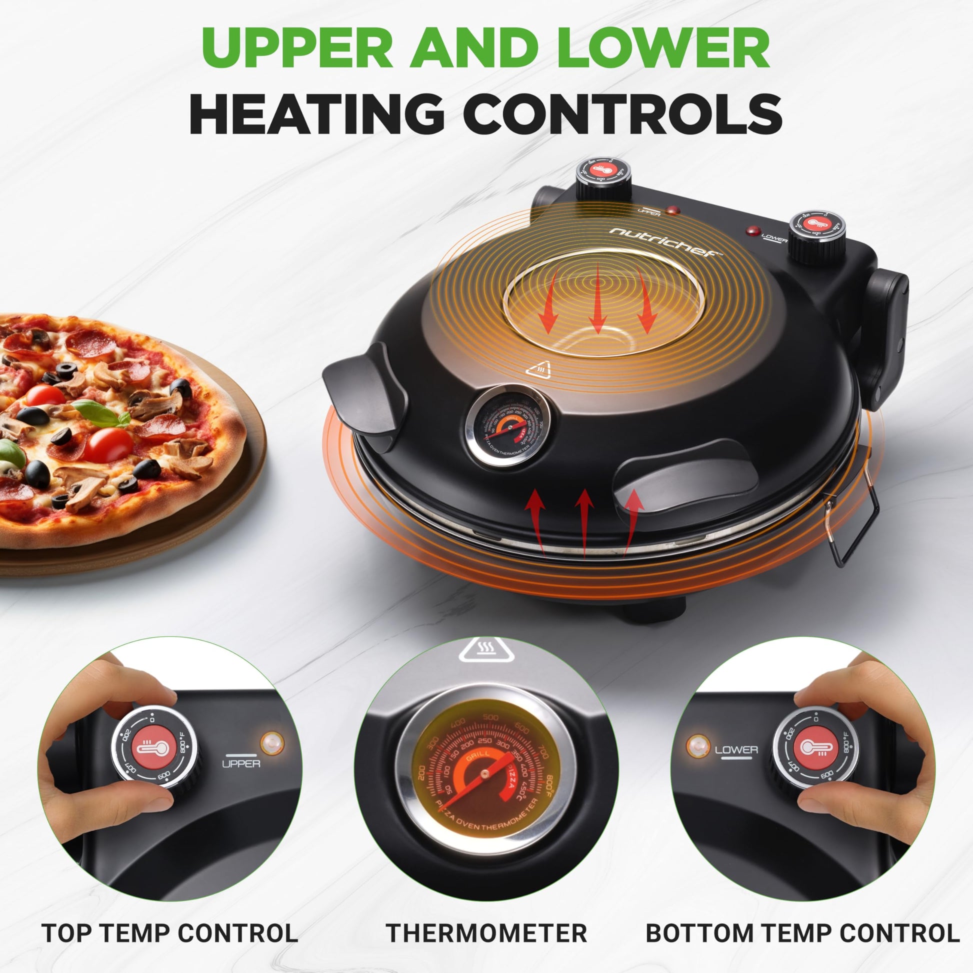 NutriChef Electric Pizza Oven | 12 Inch Countertop Pizza Maker with Temperature Control & Thermometer | Viewing Window for Precise Cooking | Heats up to 800F | Easy to Clean Non-Stick Stone | Black - CookCave