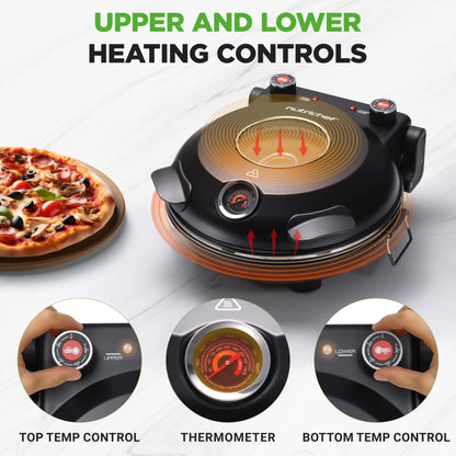 NutriChef Electric Pizza Oven | 12 Inch Countertop Pizza Maker with Temperature Control & Thermometer | Viewing Window for Precise Cooking | Heats up to 800F | Easy to Clean Non-Stick Stone | Black - CookCave