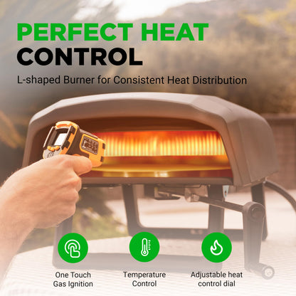 Nutrichef Outdoor Pizza Oven - Manual 360° Rotating Pizza Stone - Adjustable Heat - Includes Pizza Peel, Pizza Cutter, Stone, Cover, & Hose - Cook 12" Pizza in 60 Seconds - Long Handle - CookCave