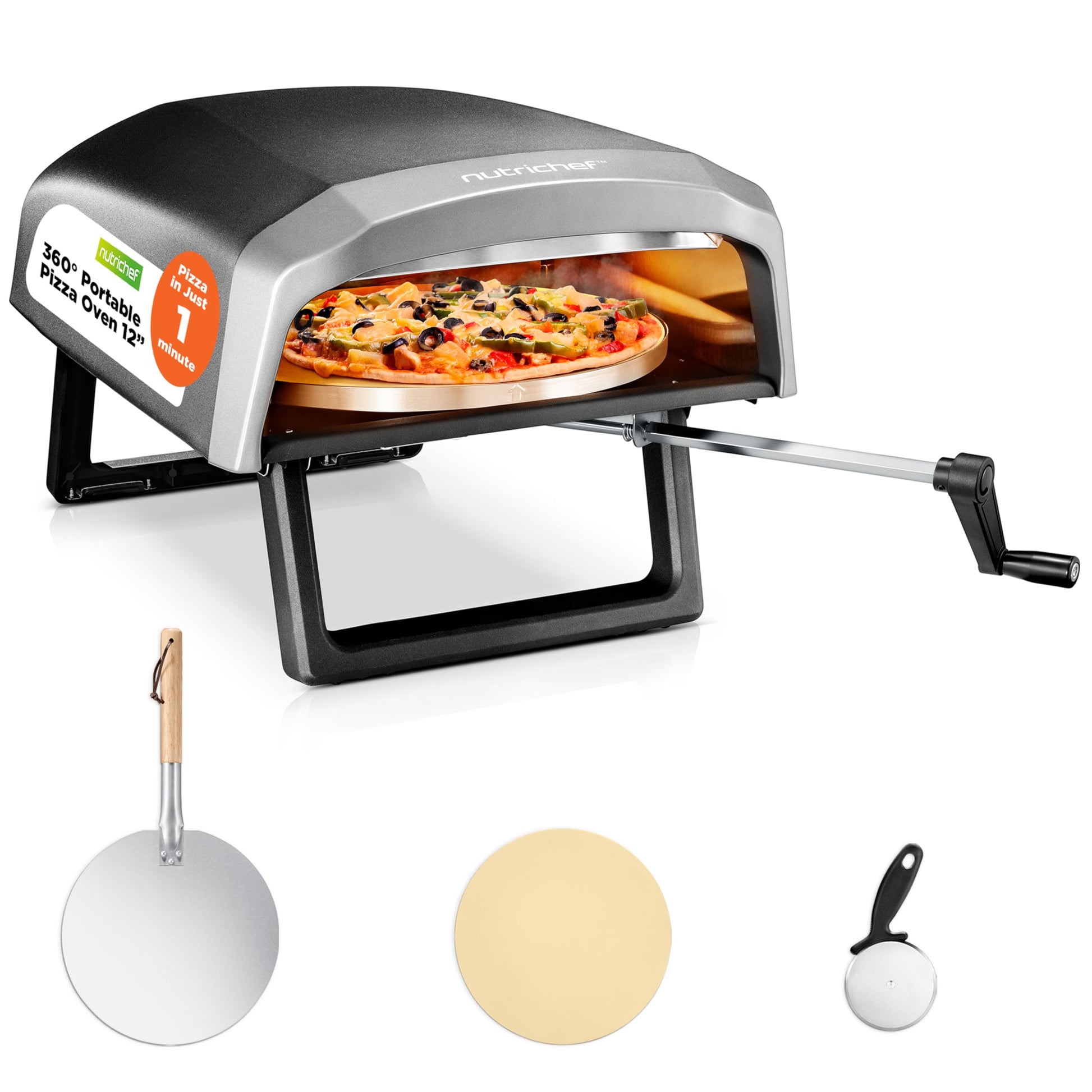 Nutrichef Outdoor Pizza Oven - Manual 360° Rotating Pizza Stone - Adjustable Heat - Includes Pizza Peel, Pizza Cutter, Stone, Cover, & Hose - Cook 12" Pizza in 60 Seconds - Long Handle - CookCave
