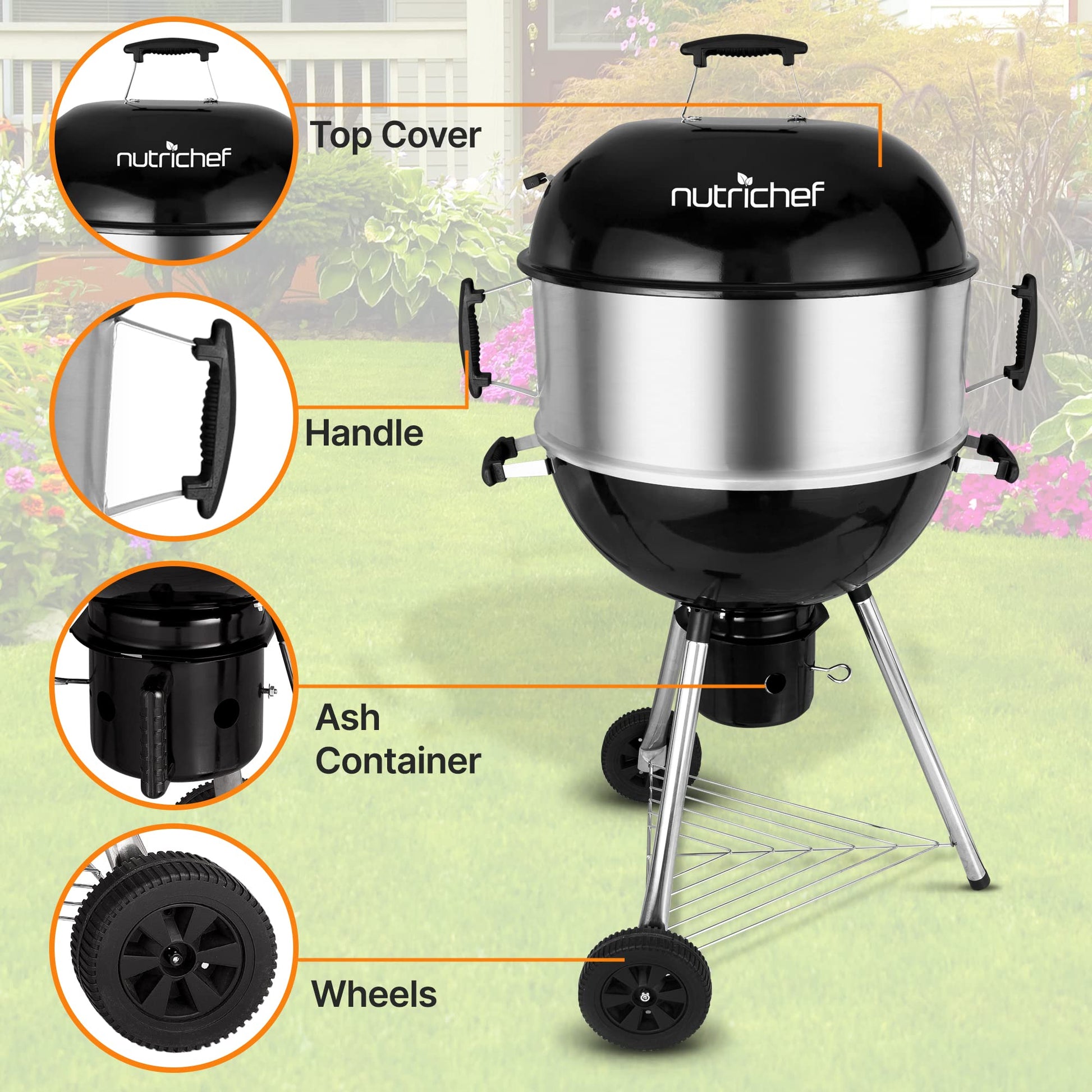 NutriChef Portable Outdoor Charcoal BBQ Grill, Barbecue Grills, Perfect for Picnic, Backyard, Patio, Camping, Offset Smoker with Cover - CookCave