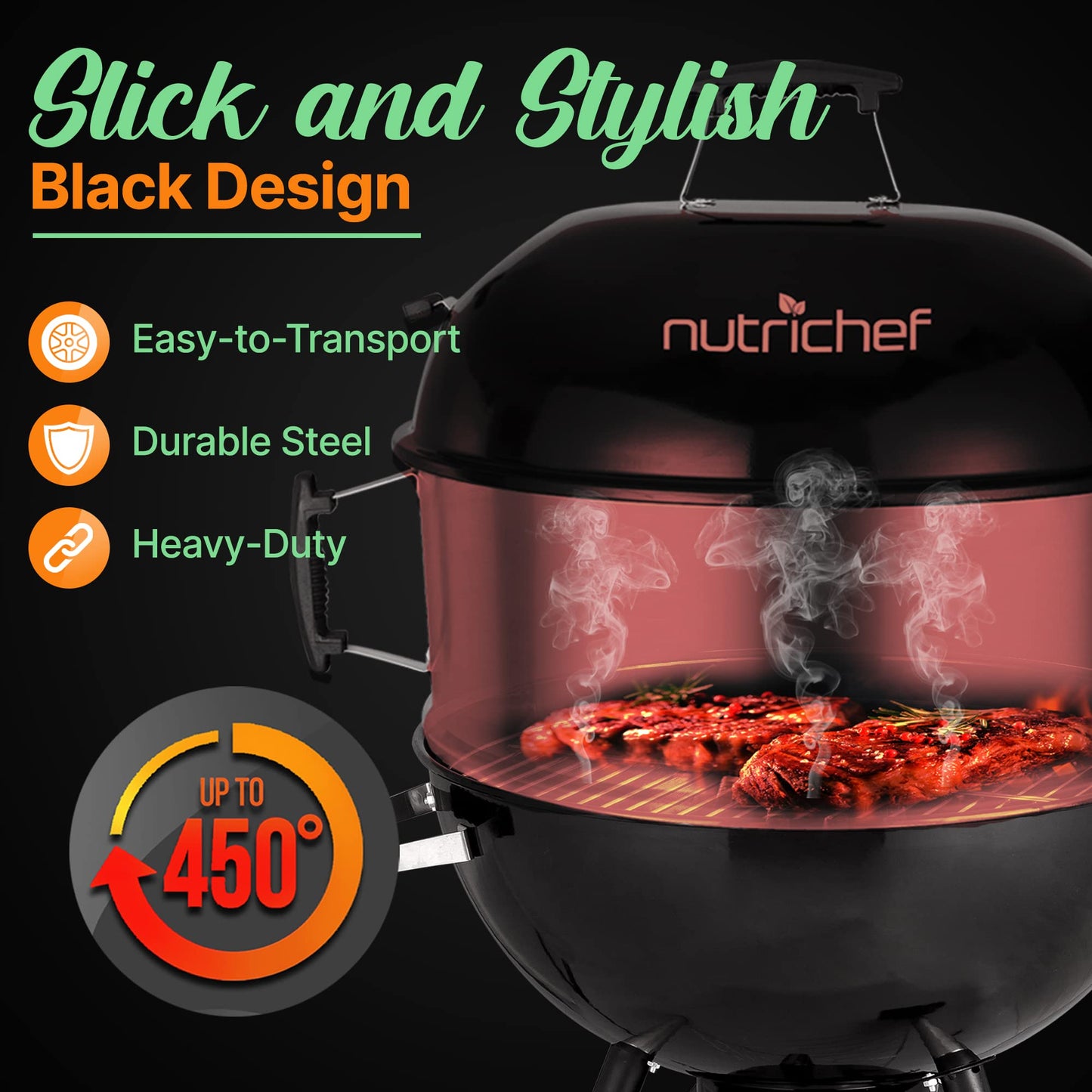 NutriChef Portable Outdoor Charcoal BBQ Grill, Barbecue Grills, Perfect for Picnic, Backyard, Patio, Camping, Offset Smoker with Cover - CookCave