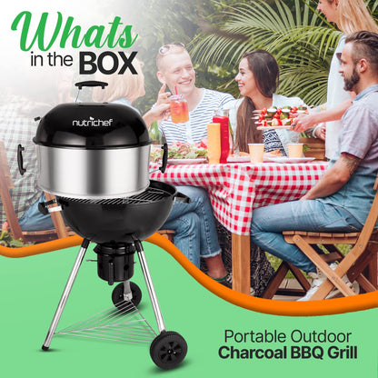 NutriChef Portable Outdoor Charcoal BBQ Grill, Barbecue Grills, Perfect for Picnic, Backyard, Patio, Camping, Offset Smoker with Cover - CookCave