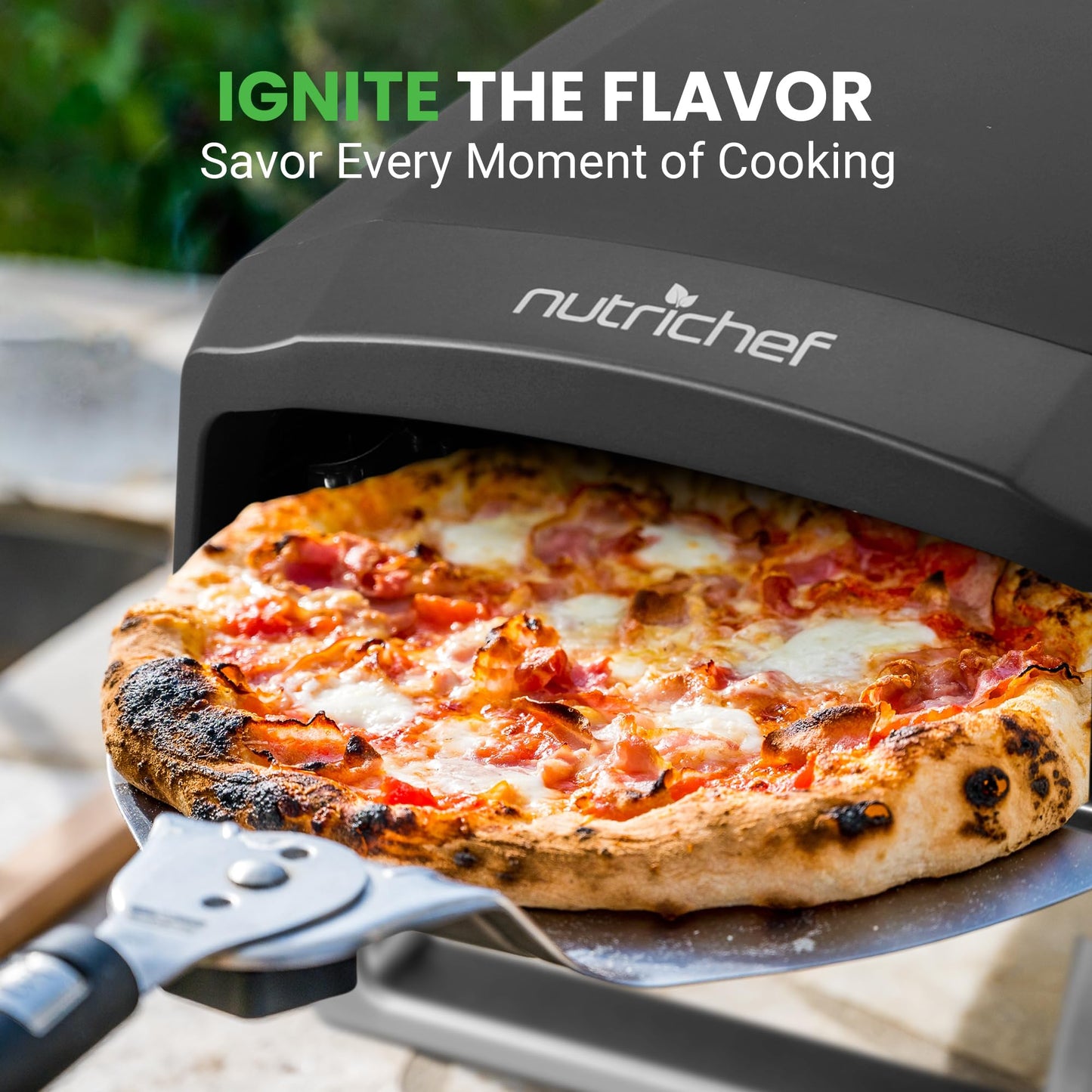 NutriChef Portable Outdoor Gas Pizza Oven - Includes Foldable Feet, Adjustable Heat Control Dial, Burner, Stone & Regulator Hose - Cooks 12" Pizza in 60 Seconds - 25.24'' x 16.14'' x 12.40'' IN - CookCave