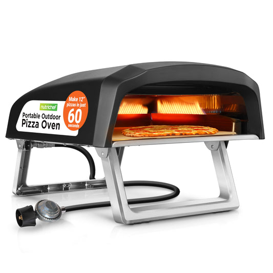 NutriChef Portable Outdoor Gas Pizza Oven - Includes Foldable Feet, Adjustable Heat Control Dial, Burner, Stone & Regulator Hose - Cooks 12" Pizza in 60 Seconds - 25.24'' x 16.14'' x 12.40'' IN - CookCave