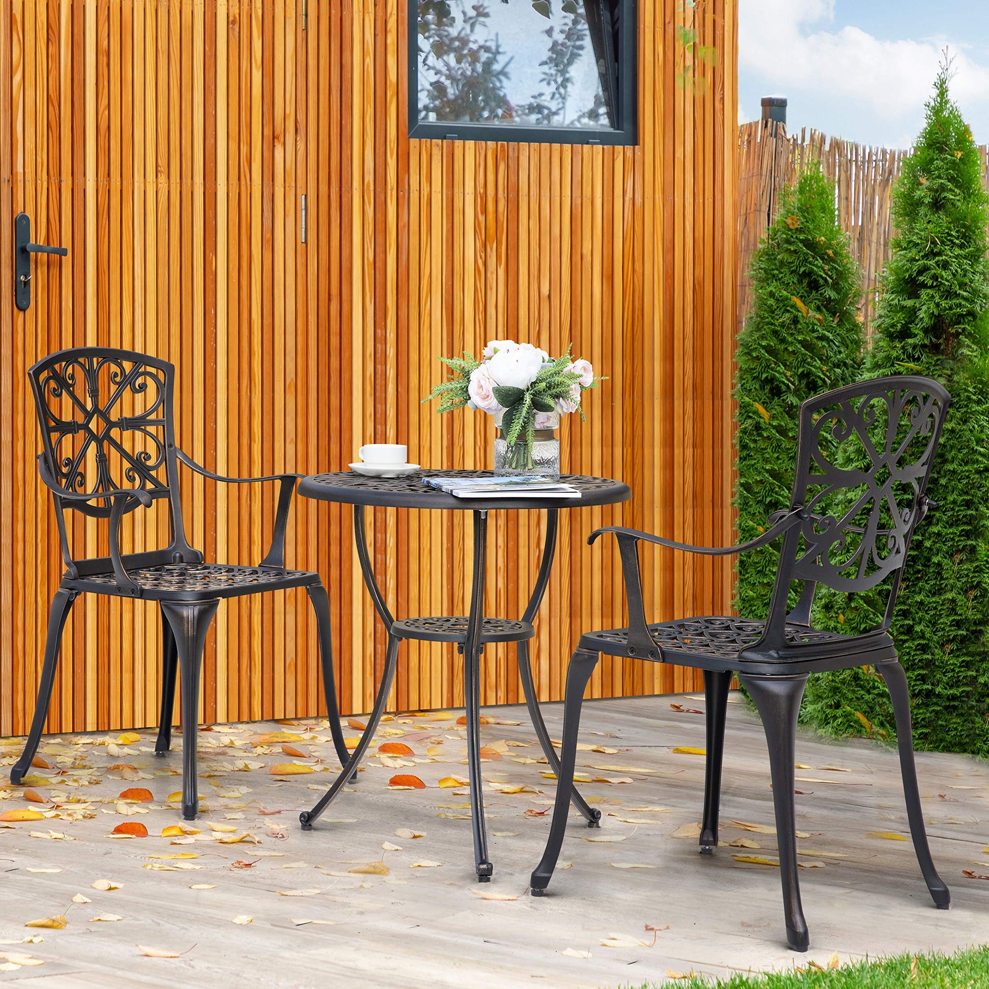 NUU GARDEN 3 Piece Outdoor Bistro Set Cast Aluminum Patio Set Bistro Table Set Rustproof Patio Table and Chairs with Umbrella Hole for Backyard, Balcony, Front Porch, Black - CookCave