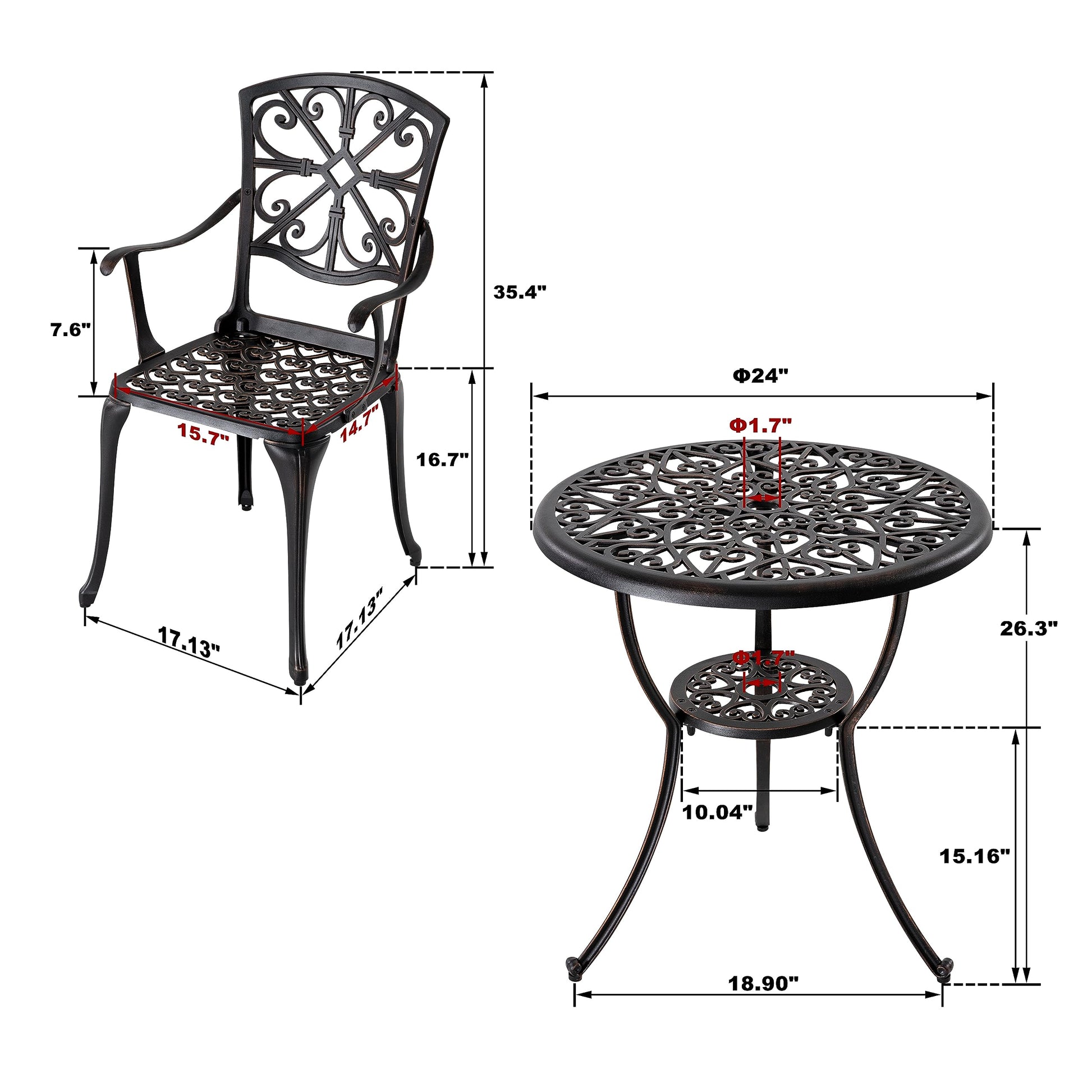 NUU GARDEN 3 Piece Outdoor Bistro Set Cast Aluminum Patio Set Bistro Table Set Rustproof Patio Table and Chairs with Umbrella Hole for Backyard, Balcony, Front Porch, Black - CookCave