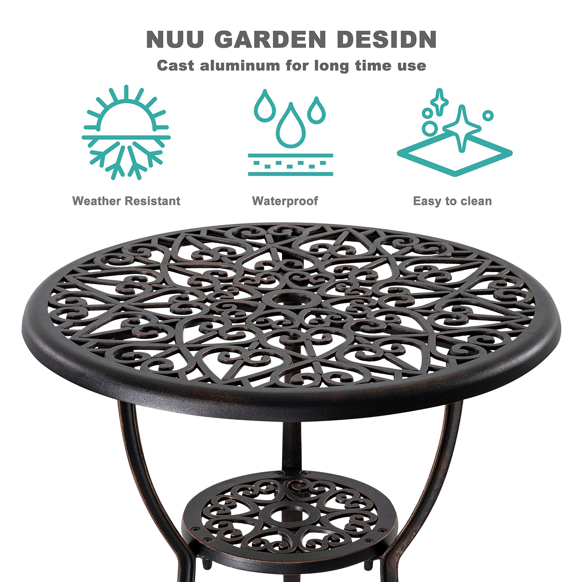 NUU GARDEN 3 Piece Outdoor Bistro Set Cast Aluminum Patio Set Bistro Table Set Rustproof Patio Table and Chairs with Umbrella Hole for Backyard, Balcony, Front Porch, Black - CookCave