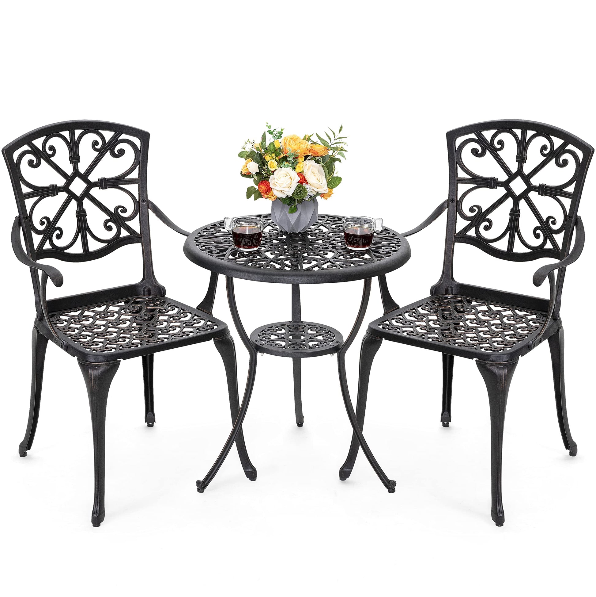 NUU GARDEN 3 Piece Outdoor Bistro Set Cast Aluminum Patio Set Bistro Table Set Rustproof Patio Table and Chairs with Umbrella Hole for Backyard, Balcony, Front Porch, Black - CookCave