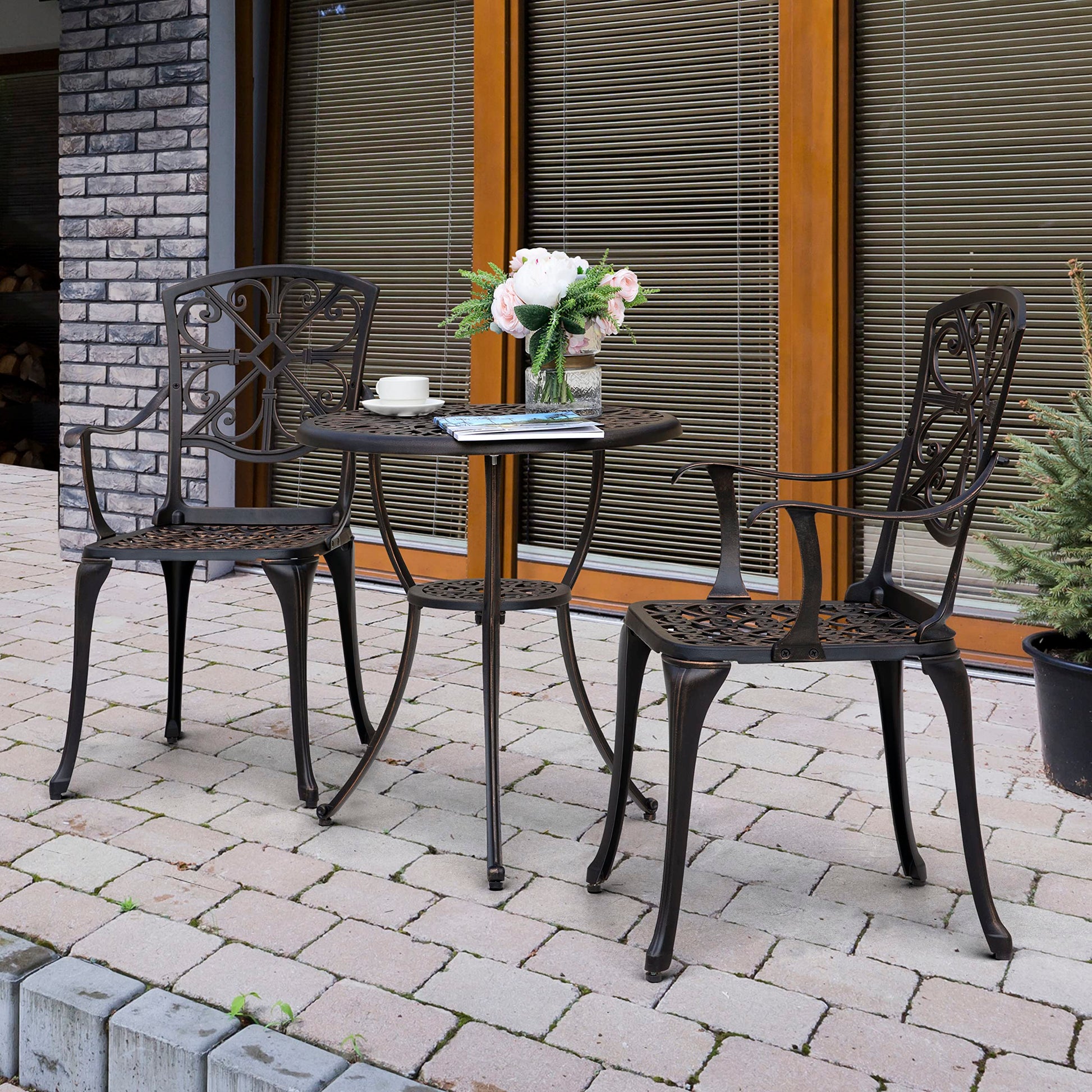 NUU GARDEN 3 Piece Outdoor Bistro Set Cast Aluminum Patio Set Bistro Table Set Rustproof Patio Table and Chairs with Umbrella Hole for Backyard, Balcony, Front Porch, Black - CookCave