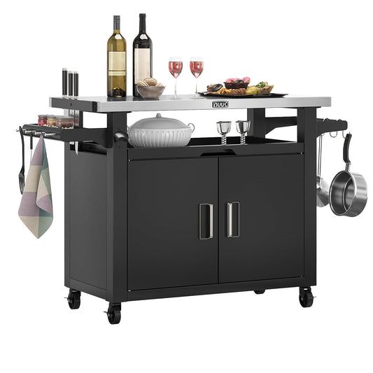 NUUK Outdoor Grill Cart with Storage Cabinet Metal Kitchen Island Prep Table with Movable Universal Wheels and Stainless Steel Top for Outside BBQ Backyard Include Hooks Spice Rack - CookCave