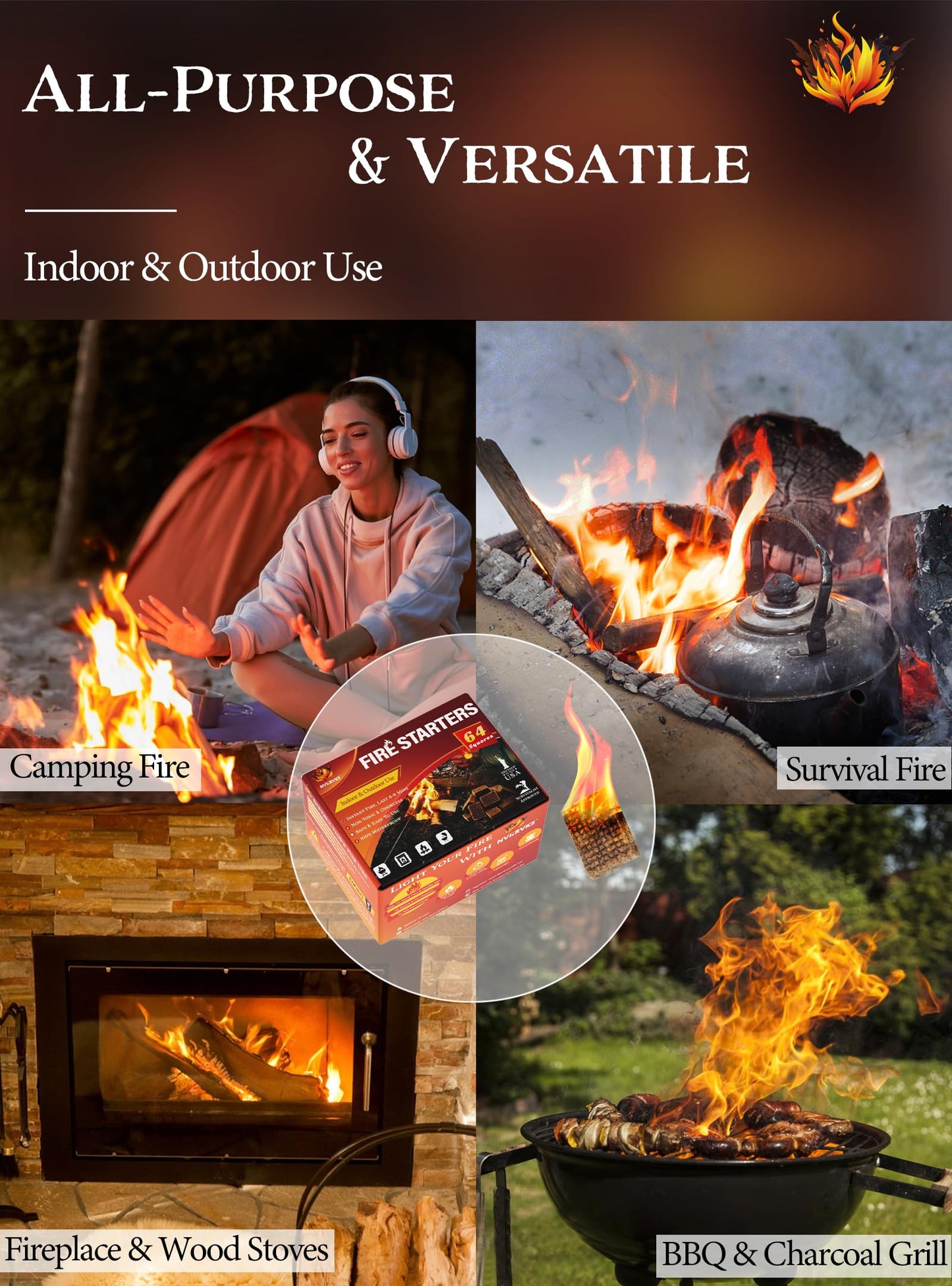 Nvkrvks Fire Starter, Easy-Burning Fire Starter Squares for Wood Stoves, Campfires, Grill Pit and Fireplace, Natural & Waterproof BBQ Fire Starters, 64 Mini Square - CookCave