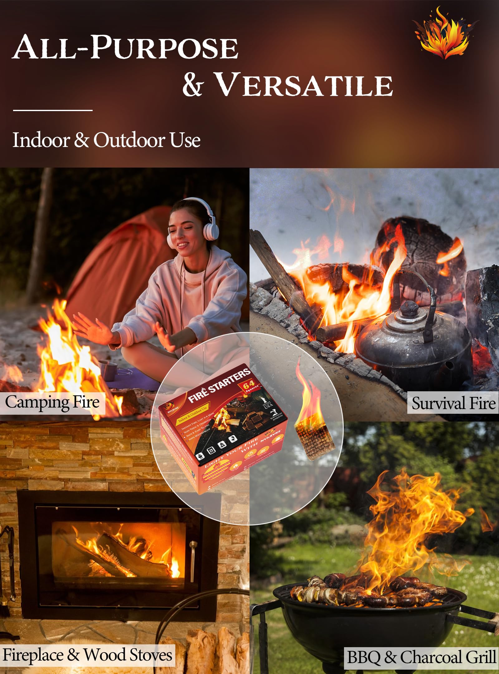 Nvkrvks Fire Starter, Easy-Burning Fire Starter Squares for Wood Stoves, Campfires, Grill Pit and Fireplace, Natural & Waterproof BBQ Fire Starters, 64 Mini Square - CookCave