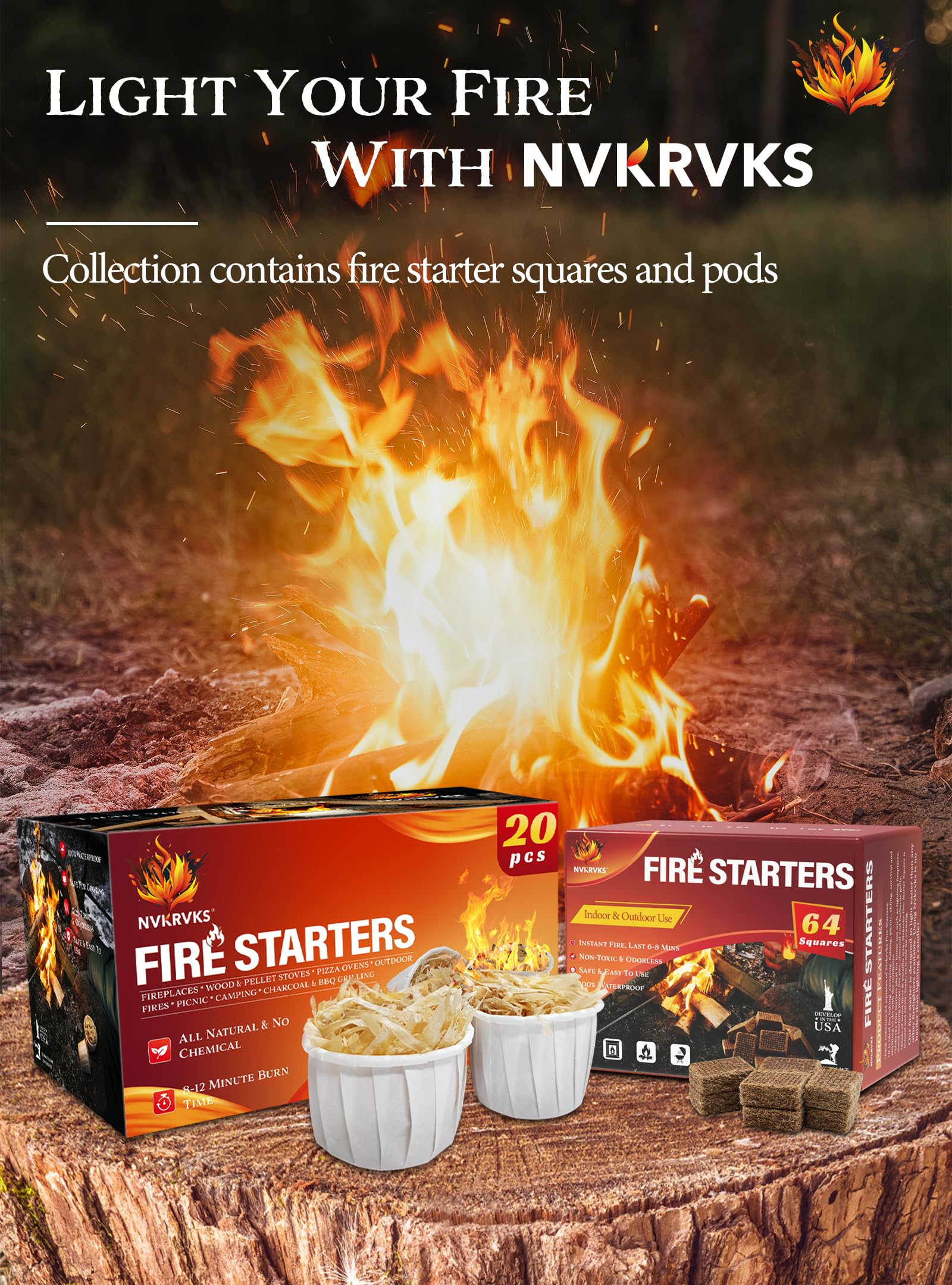 Nvkrvks Fire Starter, Easy-Burning Fire Starter Squares for Wood Stoves, Campfires, Grill Pit and Fireplace, Natural & Waterproof BBQ Fire Starters, 64 Mini Square - CookCave