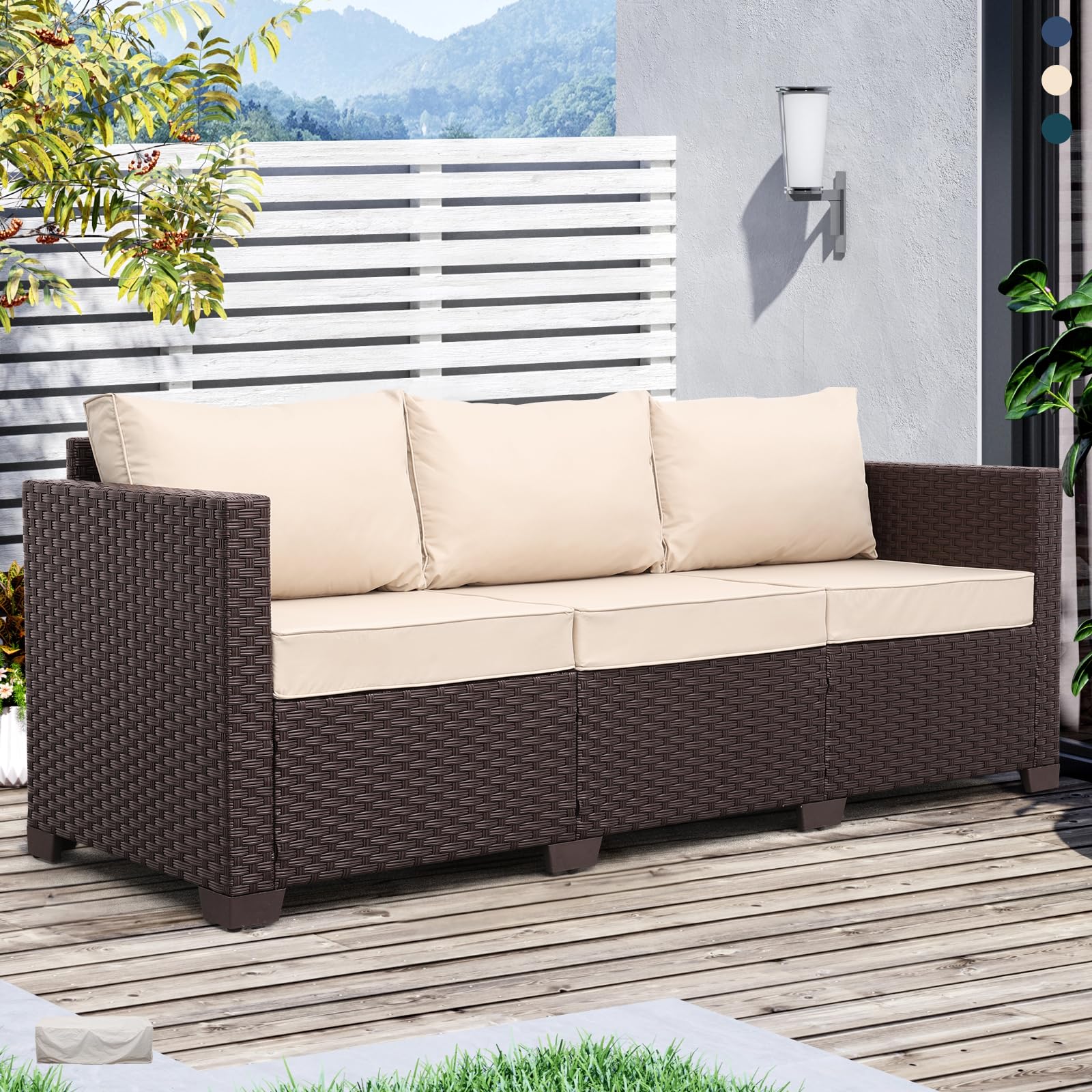 Oasishine Patio Furniture 3-seat Sofa Wicker Outdoor Furniture Outdoor Couch Deep Seat Hight Backrest Non-Slip Cushions, Khaki - CookCave