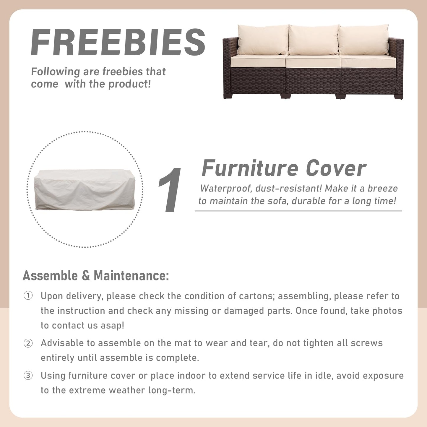 Oasishine Patio Furniture 3-seat Sofa Wicker Outdoor Furniture Outdoor Couch Deep Seat Hight Backrest Non-Slip Cushions, Khaki - CookCave