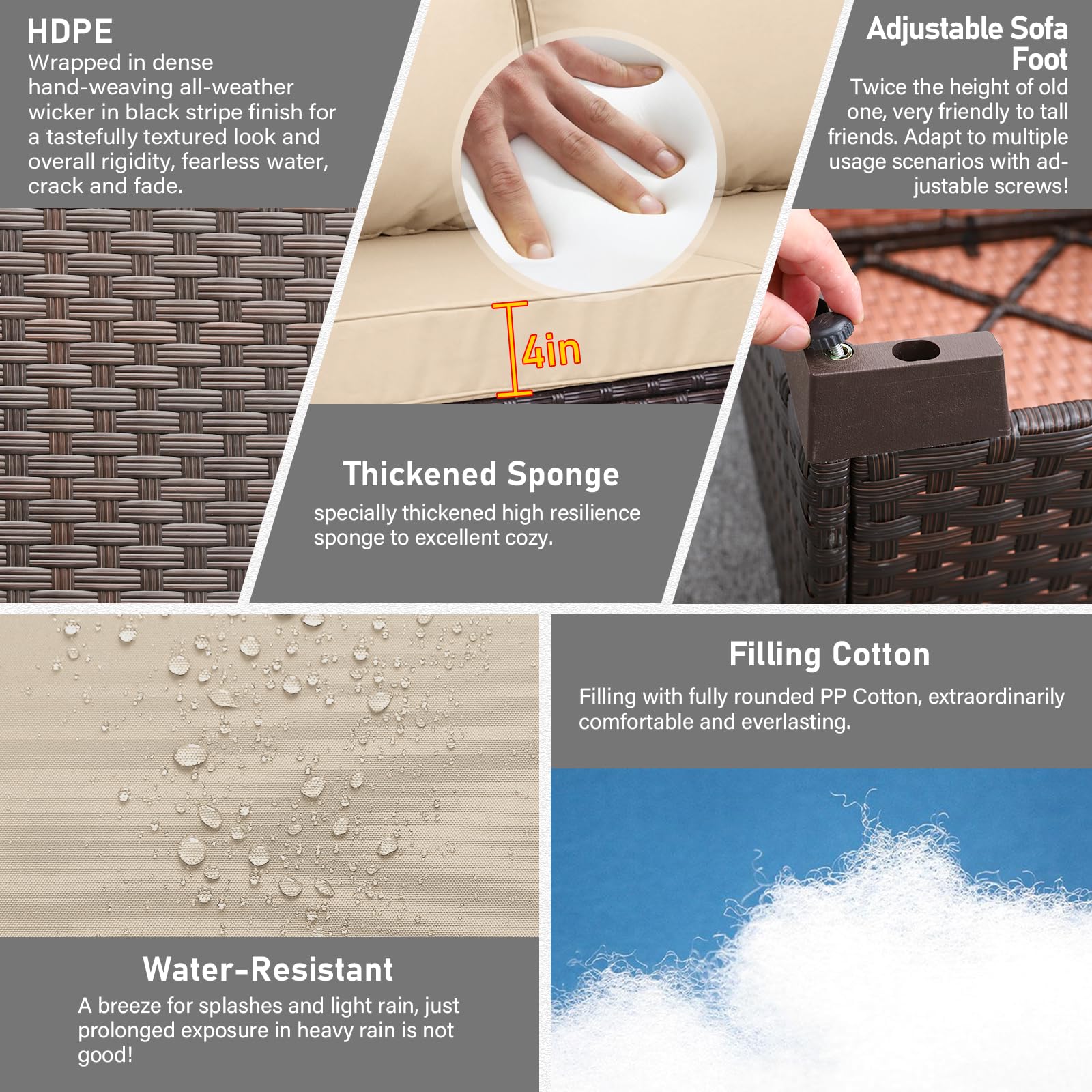 Oasishine Patio Furniture 3-seat Sofa Wicker Outdoor Furniture Outdoor Couch Deep Seat Hight Backrest Non-Slip Cushions, Khaki - CookCave