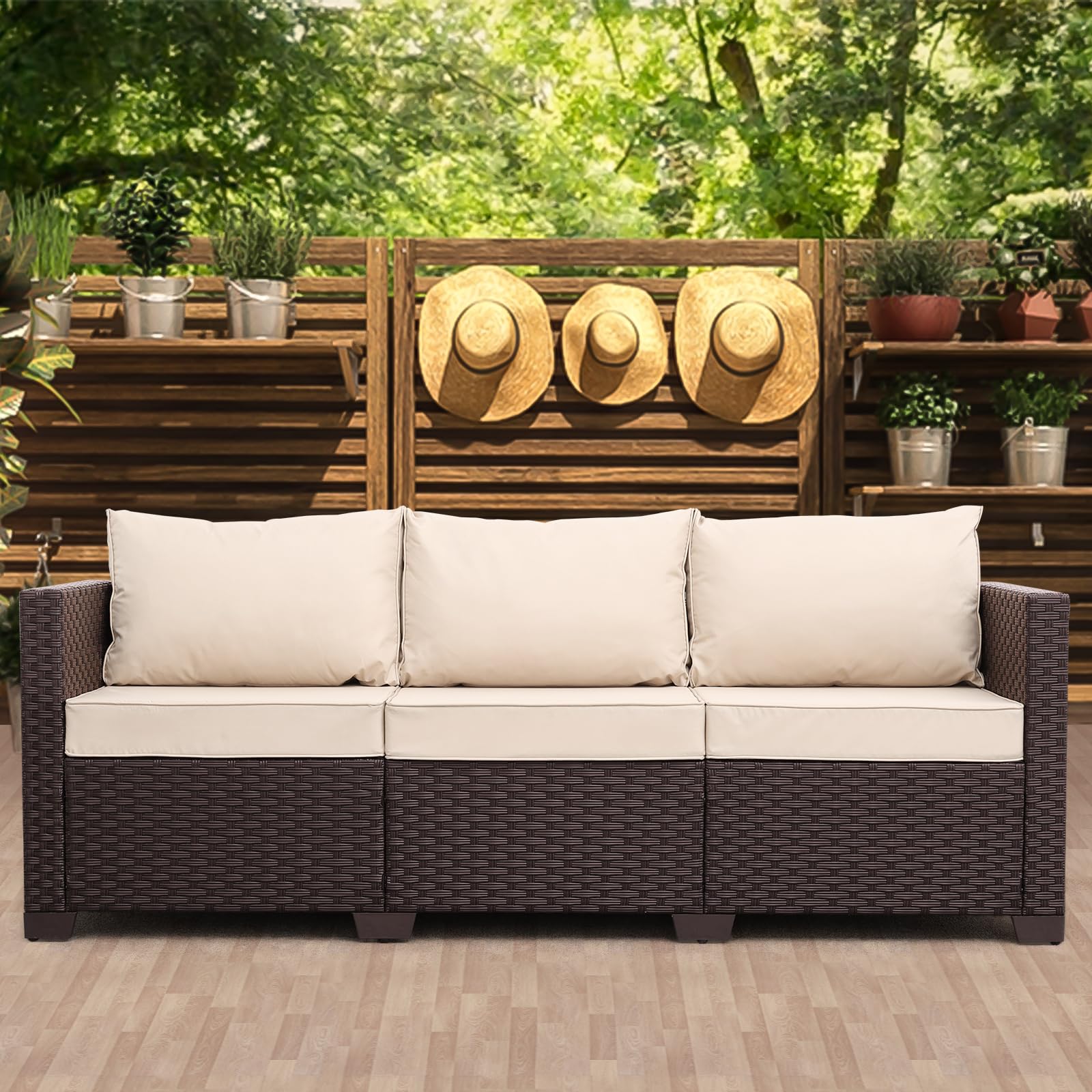 Oasishine Patio Furniture 3-seat Sofa Wicker Outdoor Furniture Outdoor Couch Deep Seat Hight Backrest Non-Slip Cushions, Khaki - CookCave