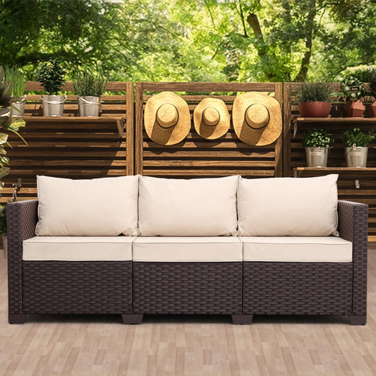 Oasishine Patio Furniture 3-seat Sofa Wicker Outdoor Furniture Outdoor Couch Deep Seat Hight Backrest Non-Slip Cushions, Khaki - CookCave