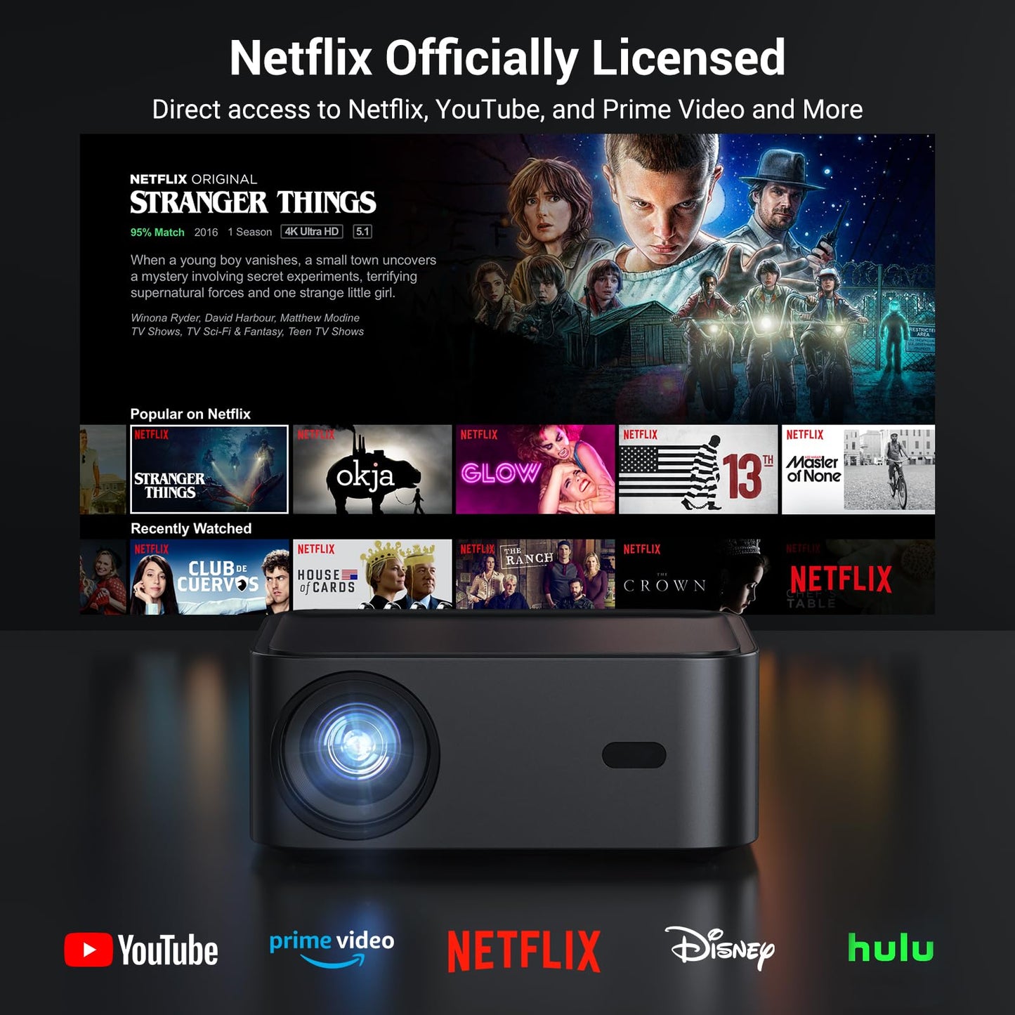 Official Licensed Netflix Smart Projector, HAPPRUN Projector 4K with Wifi and Bluetooth, DoIby Audio, Built-in Apps, Native 1080P 1000ANSI, Electric Focus, Portable Projector for Home Cinema, Bedroom - CookCave