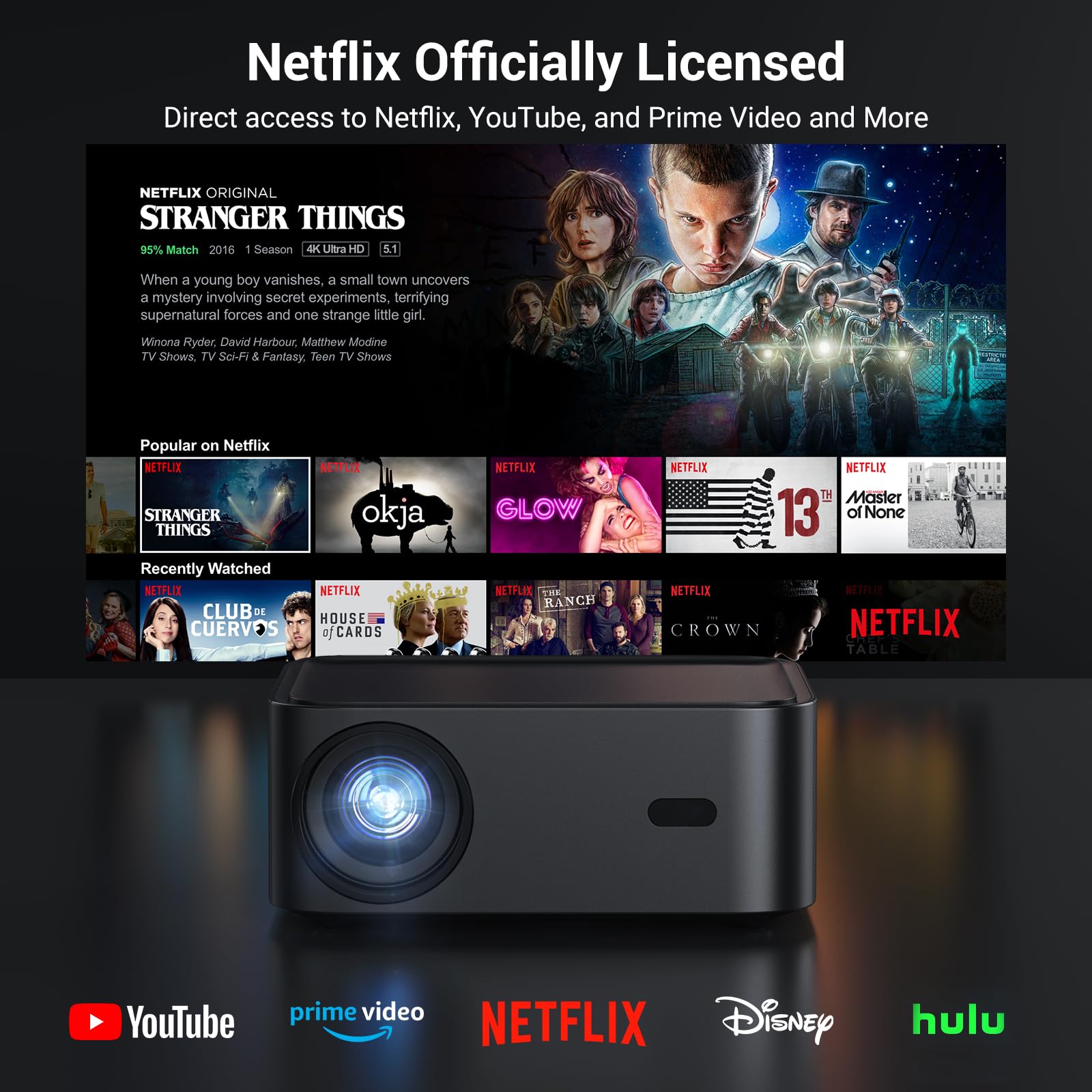 Official Licensed Netflix Smart Projector, HAPPRUN Projector 4K with Wifi and Bluetooth, DoIby Audio, Built-in Apps, Native 1080P 1000ANSI, Electric Focus, Portable Projector for Home Cinema, Bedroom - CookCave
