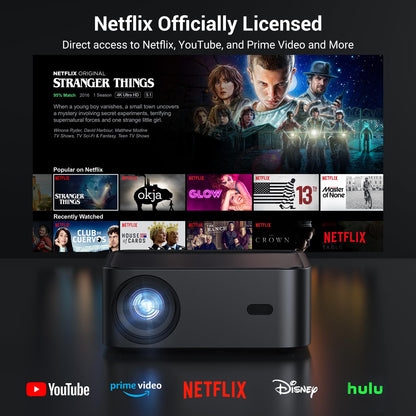 Official Licensed Netflix Smart Projector, HAPPRUN Projector 4K with Wifi and Bluetooth, DoIby Audio, Built-in Apps, Native 1080P 1000ANSI, Electric Focus, Portable Projector for Home Cinema, Bedroom - CookCave