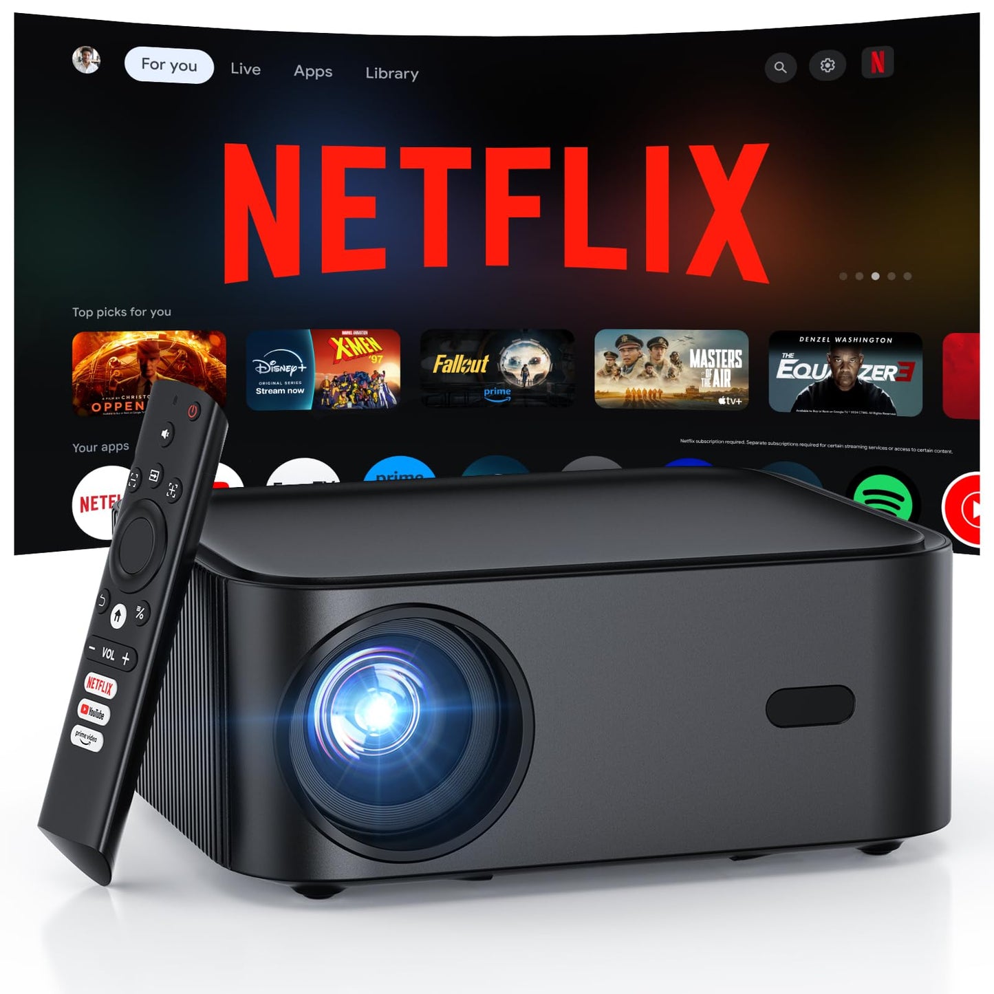 Official Licensed Netflix Smart Projector, HAPPRUN Projector 4K with Wifi and Bluetooth, DoIby Audio, Built-in Apps, Native 1080P 1000ANSI, Electric Focus, Portable Projector for Home Cinema, Bedroom - CookCave