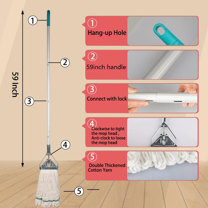 OFO Loop-End String Mop with Extra Head Replacement - Heavy Duty Commercial Industrial Grade Mop, 59Inch Handle for Floor Cleaning Home, Kitchen, Garage, Office and Wooden/Tile Floor - CookCave