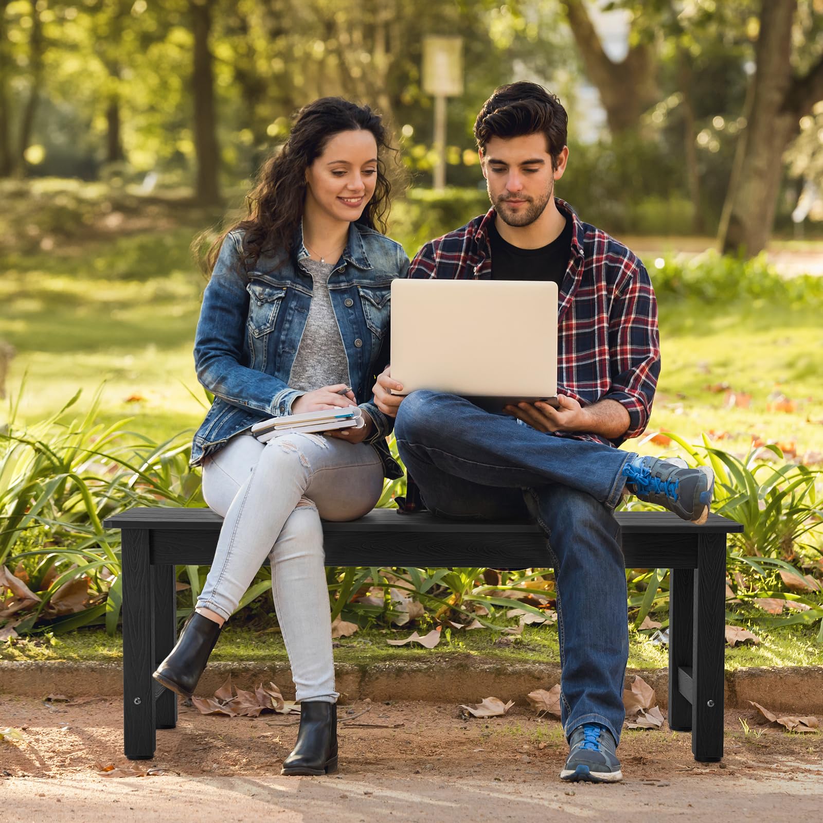 ONBRILL Outdoor Bench, 2-Person Poly Lumber Garden Bench, All-Weather Patio Bench Will not Rot and Fade for Garden, Porch, Backyard and Park, Easy Installation, Black - CookCave