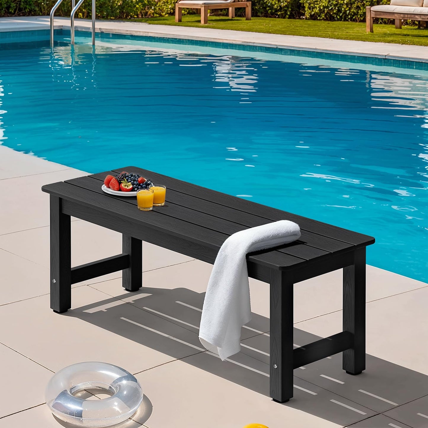 ONBRILL Outdoor Bench, 2-Person Poly Lumber Garden Bench, All-Weather Patio Bench Will not Rot and Fade for Garden, Porch, Backyard and Park, Easy Installation, Black - CookCave