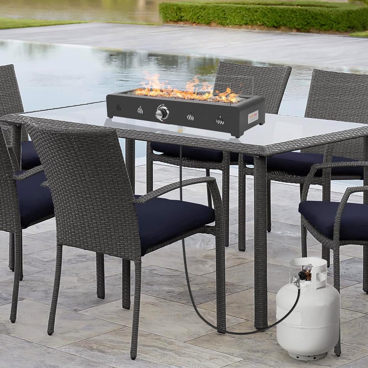Onlyfire 28'' Tabletop Fire Pit Table, Propane Gas Firepit with Bottom Air Intake, Glass Wind Guard and Lava Rock, Outdoor Rectangular Smokeless Fireplace - CookCave