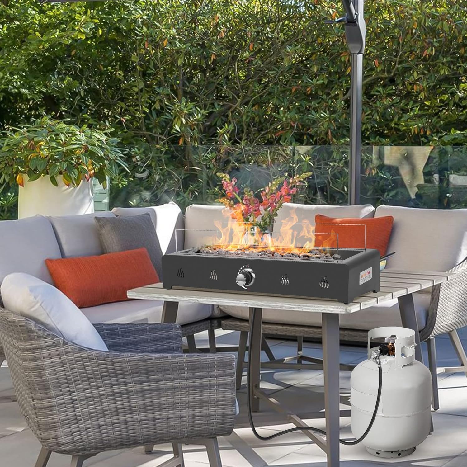 Onlyfire 28'' Tabletop Fire Pit Table, Propane Gas Firepit with Bottom Air Intake, Glass Wind Guard and Lava Rock, Outdoor Rectangular Smokeless Fireplace - CookCave
