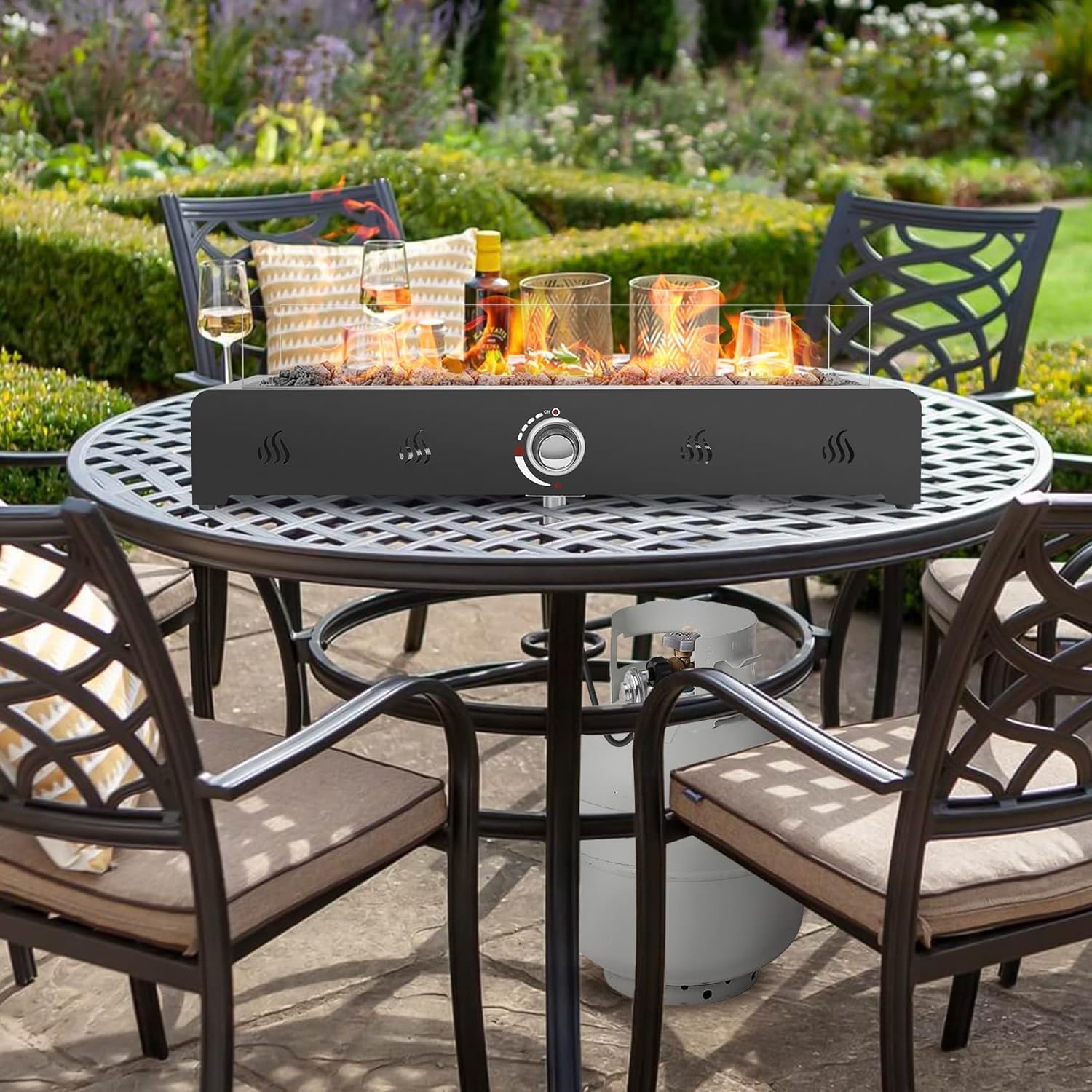 Onlyfire 28'' Tabletop Fire Pit Table, Propane Gas Firepit with Bottom Air Intake, Glass Wind Guard and Lava Rock, Outdoor Rectangular Smokeless Fireplace - CookCave