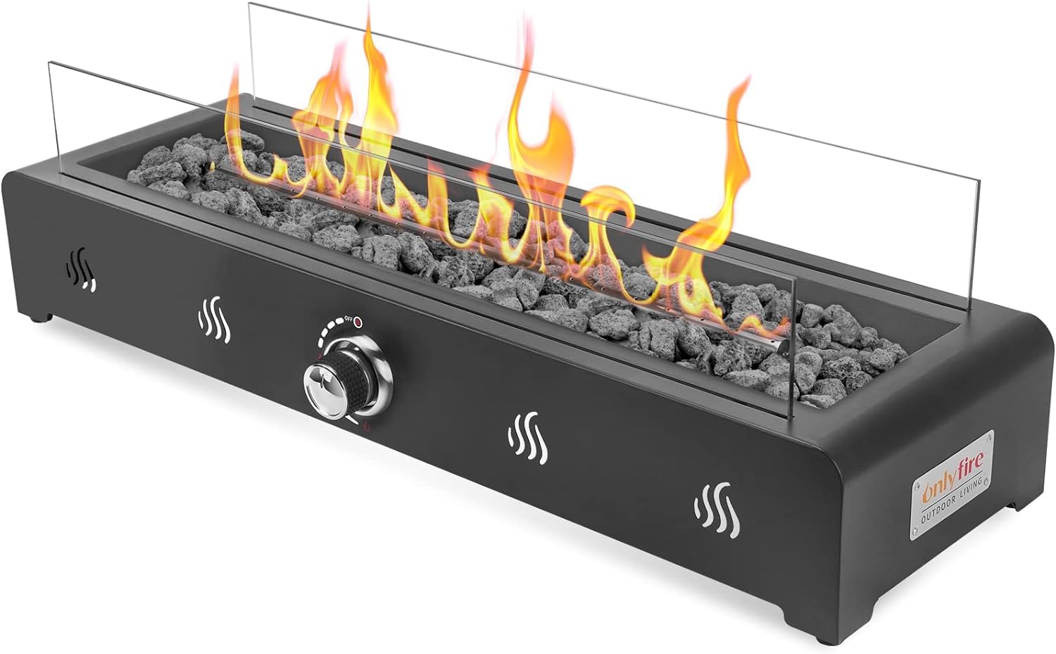 Onlyfire 28'' Tabletop Fire Pit Table, Propane Gas Firepit with Bottom Air Intake, Glass Wind Guard and Lava Rock, Outdoor Rectangular Smokeless Fireplace - CookCave