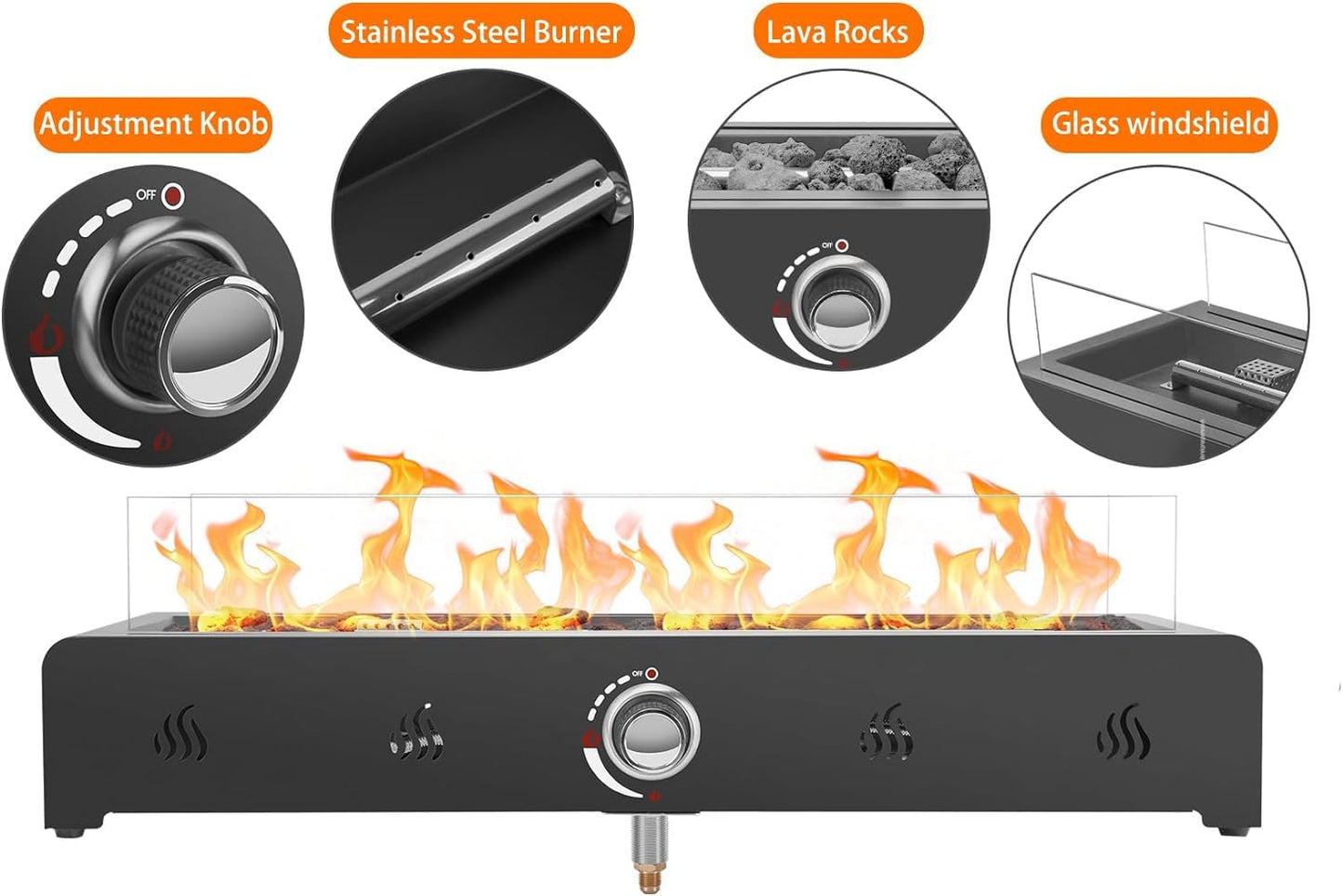 Onlyfire 28'' Tabletop Fire Pit Table, Propane Gas Firepit with Bottom Air Intake, Glass Wind Guard and Lava Rock, Outdoor Rectangular Smokeless Fireplace - CookCave