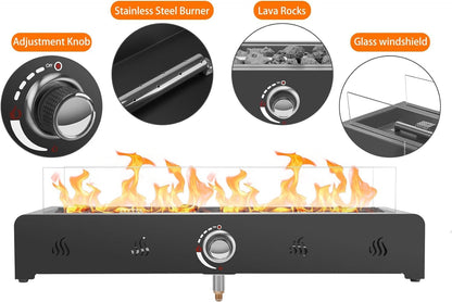 Onlyfire 28'' Tabletop Fire Pit Table, Propane Gas Firepit with Bottom Air Intake, Glass Wind Guard and Lava Rock, Outdoor Rectangular Smokeless Fireplace - CookCave