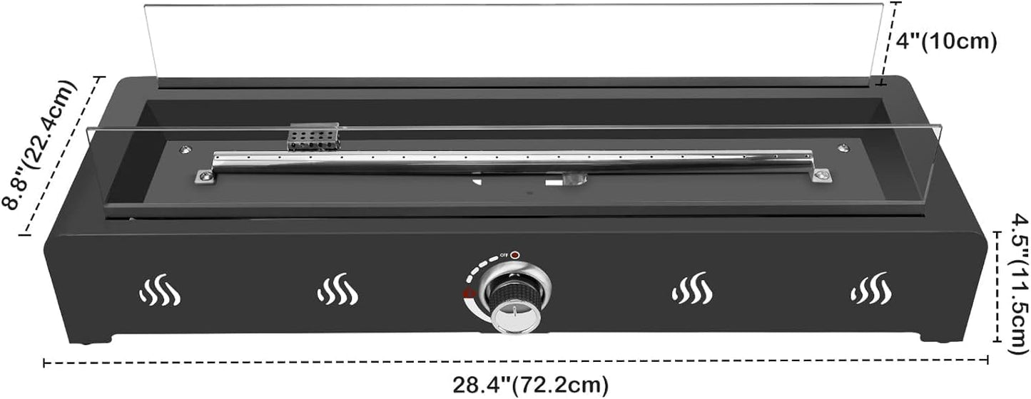 Onlyfire 28'' Tabletop Fire Pit Table, Propane Gas Firepit with Bottom Air Intake, Glass Wind Guard and Lava Rock, Outdoor Rectangular Smokeless Fireplace - CookCave