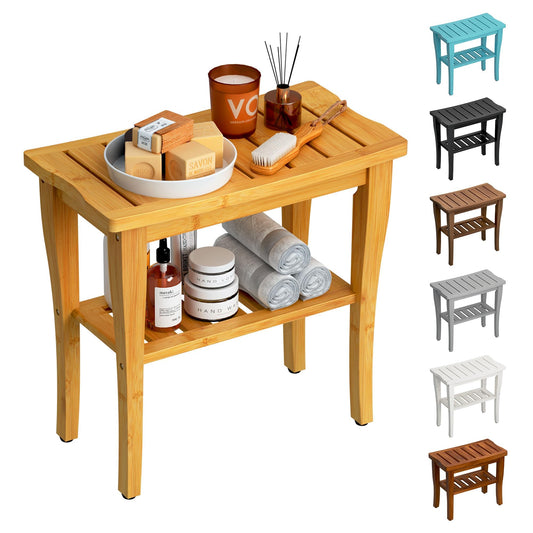 oridom Bamboo Shower Bench Stool with Storage Shelf, Waterproof Shower Chair Spa Bath Seat, Shower Stool for Inside Shower, Bathroom Bench Seat for Adults Elderly Seniors for Indoor or Outdoor Use - CookCave