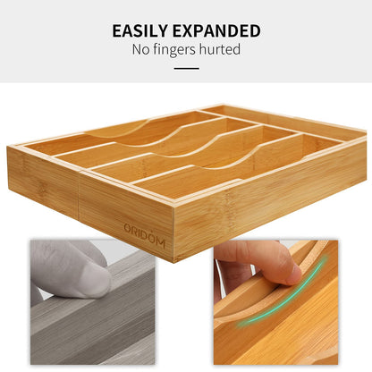 oridom Expandable Bamboo Kitchen Drawer Organizer for Cutlery and Utensils, Adjustable Bamboo Wood Cutlery Tray in Drawer for Flatware and Silverware in Kitchen, (Natural) - CookCave