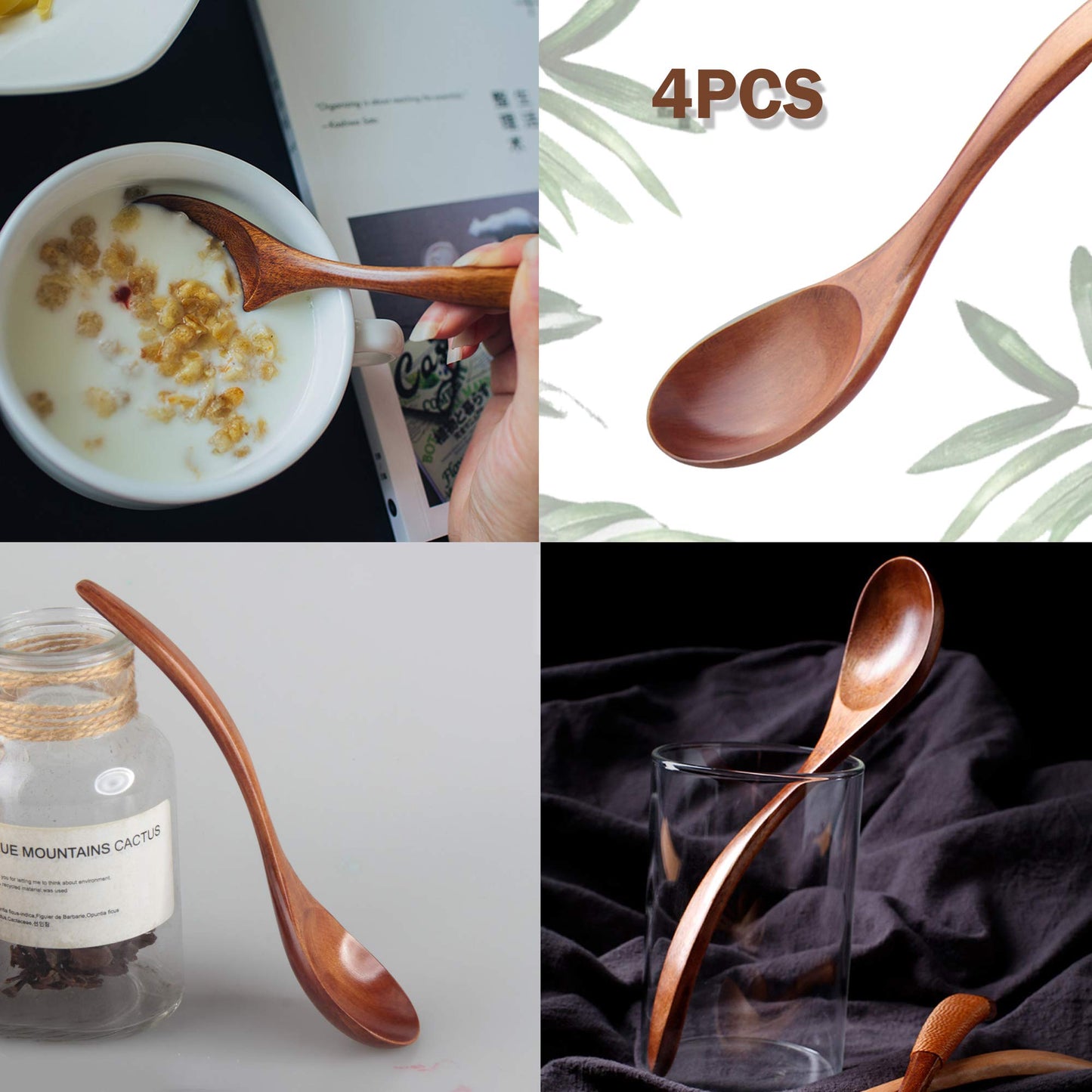 Originalidad Handmade Wood Bowls, Jujube Wooden Japanese Bowls with Matching Spoon for Rice, Soup, Dip, Salad, Tea, Decoration 4 Sets (4 Bowls 4.2 IN + 4 Spoons) - CookCave