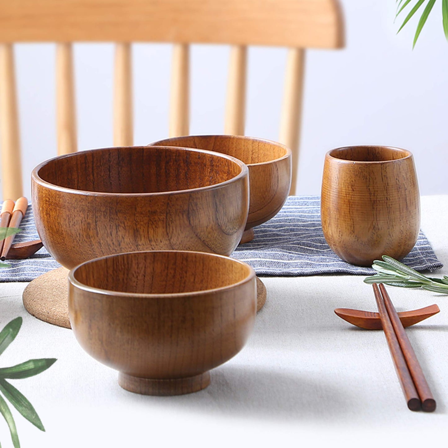 Originalidad Handmade Wood Bowls, Jujube Wooden Japanese Bowls with Matching Spoon for Rice, Soup, Dip, Salad, Tea, Decoration 4 Sets (4 Bowls 4.2 IN + 4 Spoons) - CookCave