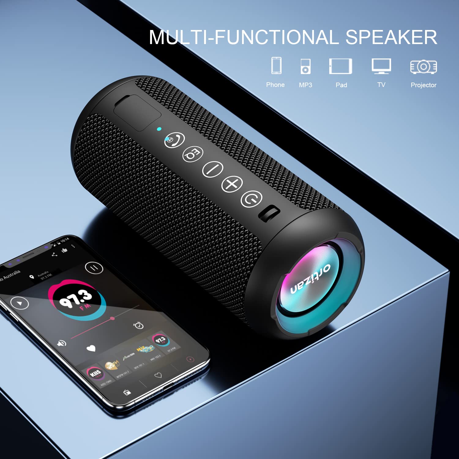 Ortizan Portable Bluetooth Speaker: IPX7 Waterproof, 24W Loud Sound, Deep Bass, Bluetooth 5.3, LED Lights, Wireless Stereo Pairing, 30H Playtime, for Home/Outdoor/Party/Beach, Birthday Gift (Black) - CookCave