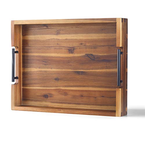 Ottoman Tray, 16.5"x12.5" Acacia Wood Serving Tray with Black Metal Handles, Great for Ottoman Tray, Food Tray, Breakfast Tray, Eating Tray…… - CookCave