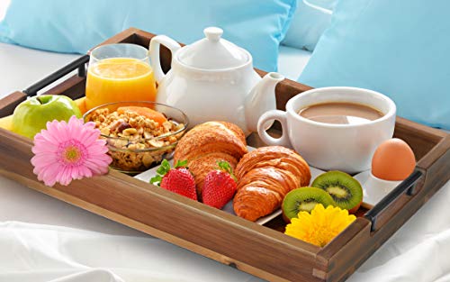 Ottoman Tray, 16.5"x12.5" Acacia Wood Serving Tray with Black Metal Handles, Great for Ottoman Tray, Food Tray, Breakfast Tray, Eating Tray…… - CookCave